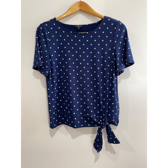 Talbots  Navy Polka Dot T-Shirt Blouse Womens M Petite Short Sleeve Stretch - Picture 1 of 7